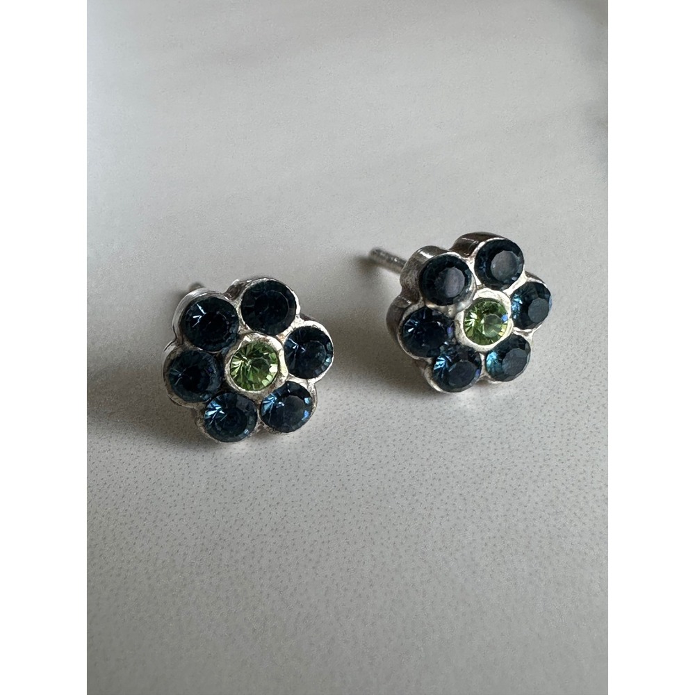 Blue and Green Crystal Flower Stud Earrings Silver Floral Daisy Posts